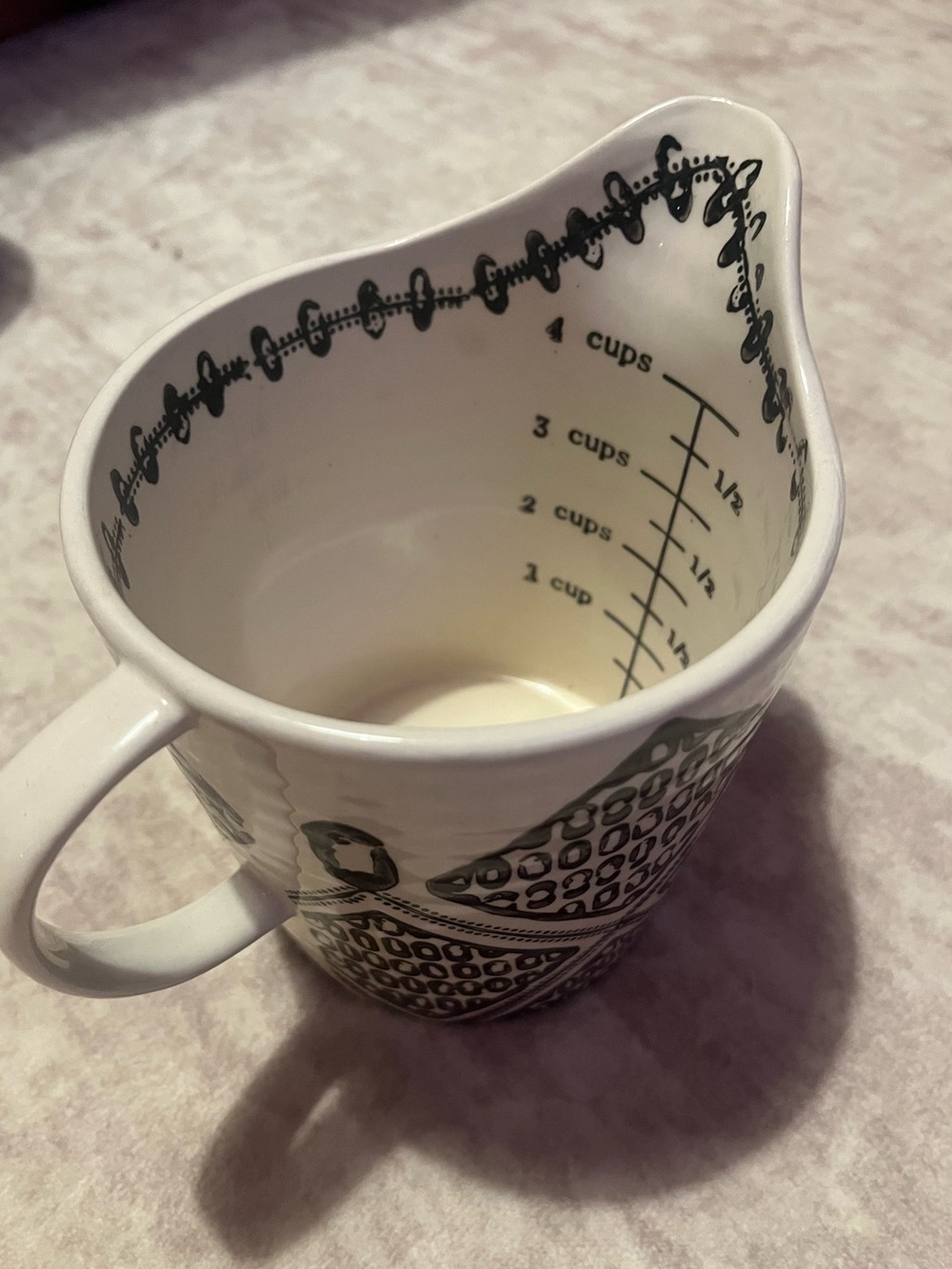 White Ceramic Measuring Pitcher with Black Graphic Design
